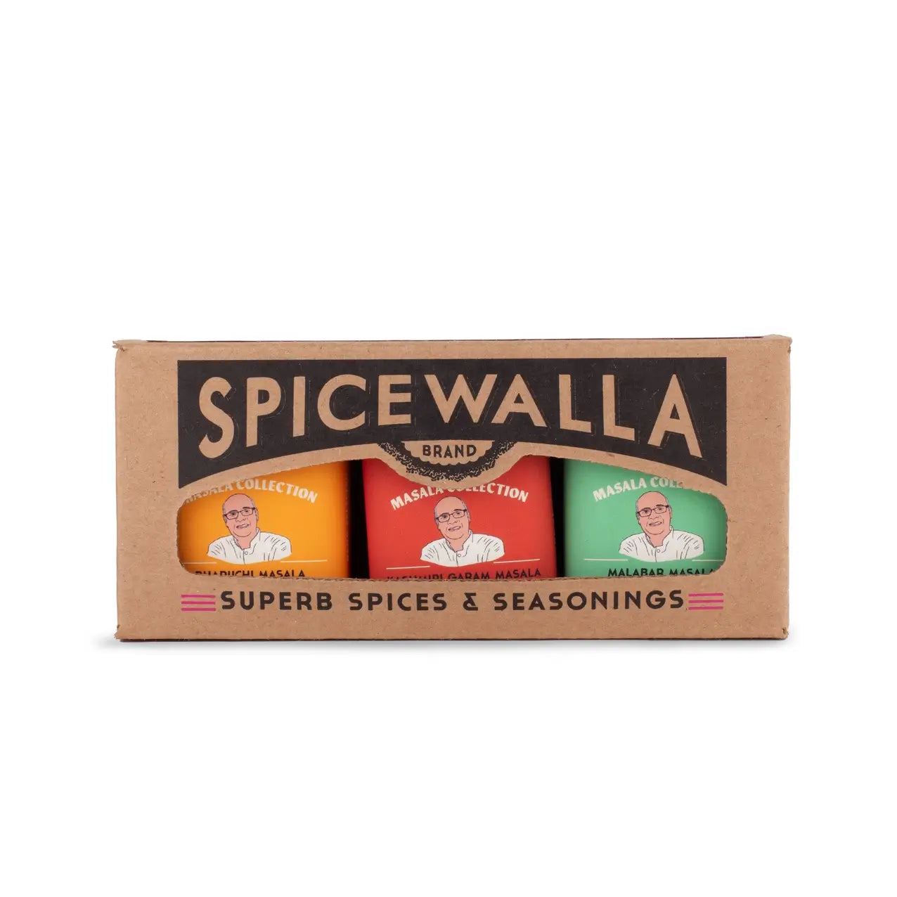 The Vish'S Masala Collection from Spicewalla contains 3 spices: Bharuch Masala,Kashmiri Garam Masala, and Malabar Masala in small tins.  