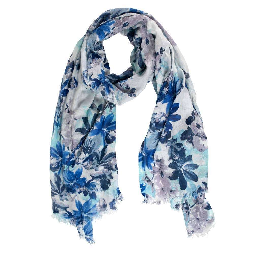 viscose scarf by Ten Thousand Villages, featuring a floral pattern in shades of blue and gray