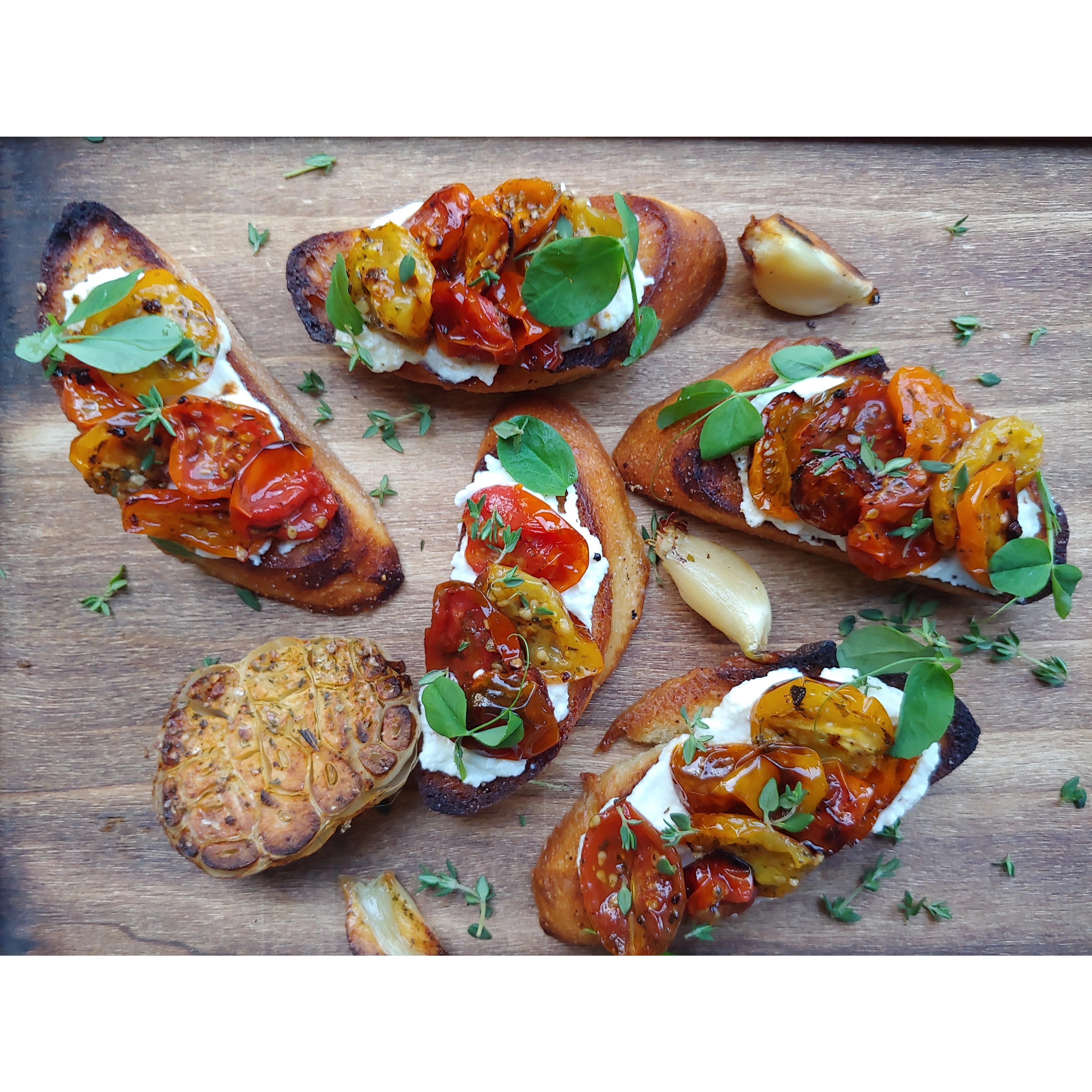 Bruschetta seasoned with the Middle Eastern Collection by Spicewalla – Za’atar, Berbere, and Harissa Trio