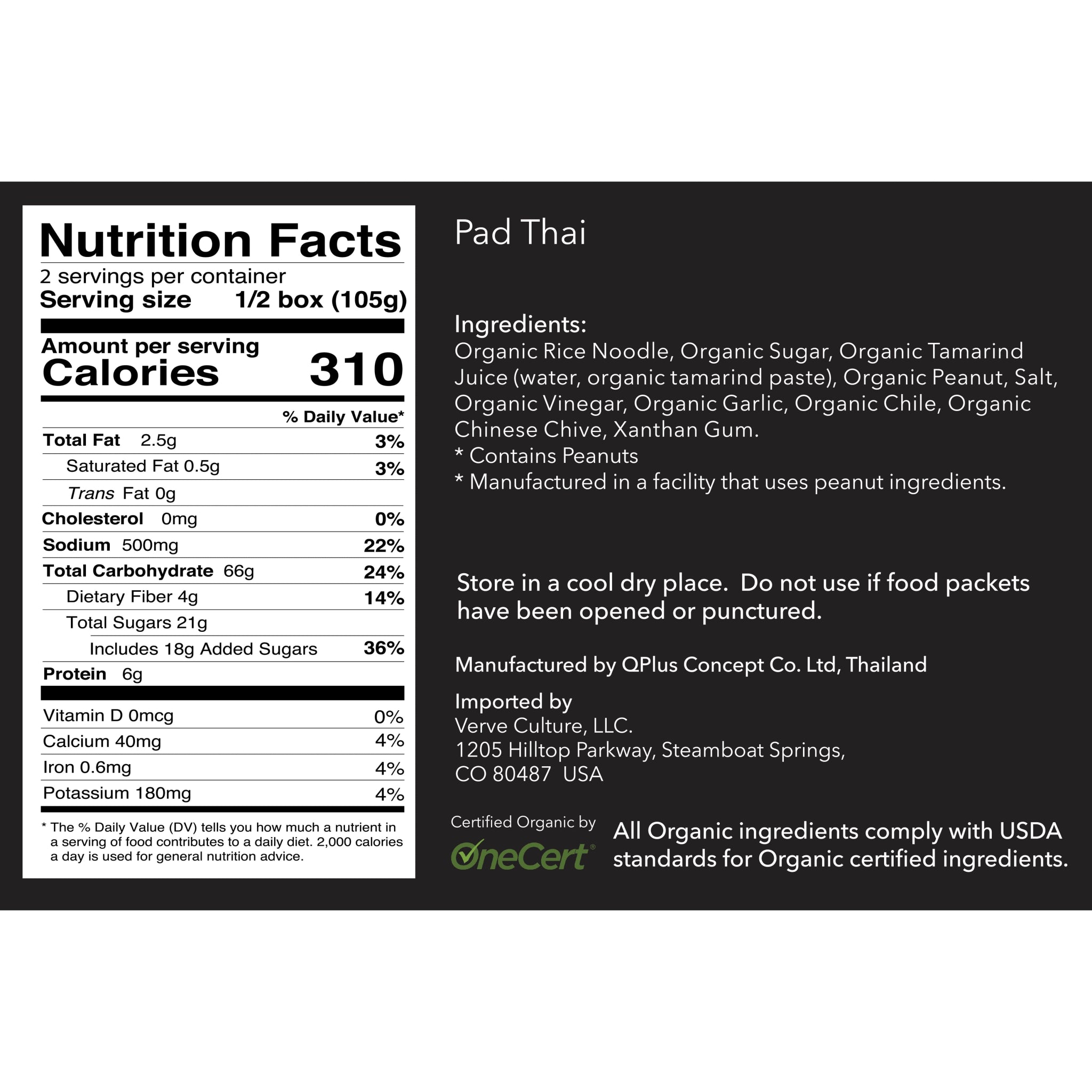 Nutrition and Ingredient Label for Organic Pad Thai Cooking Kit by Verve Culture – Organic, Vegan, and Gluten-Free