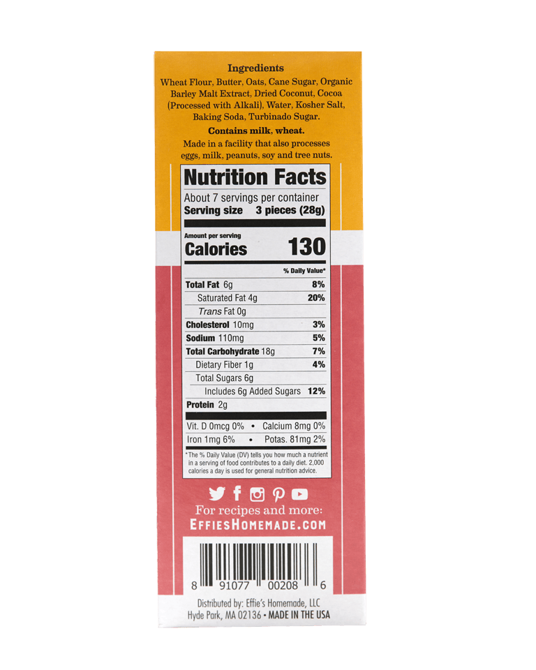 Nutrition facts and ingredients for Effie's Homemade Cocoa Biscuits.