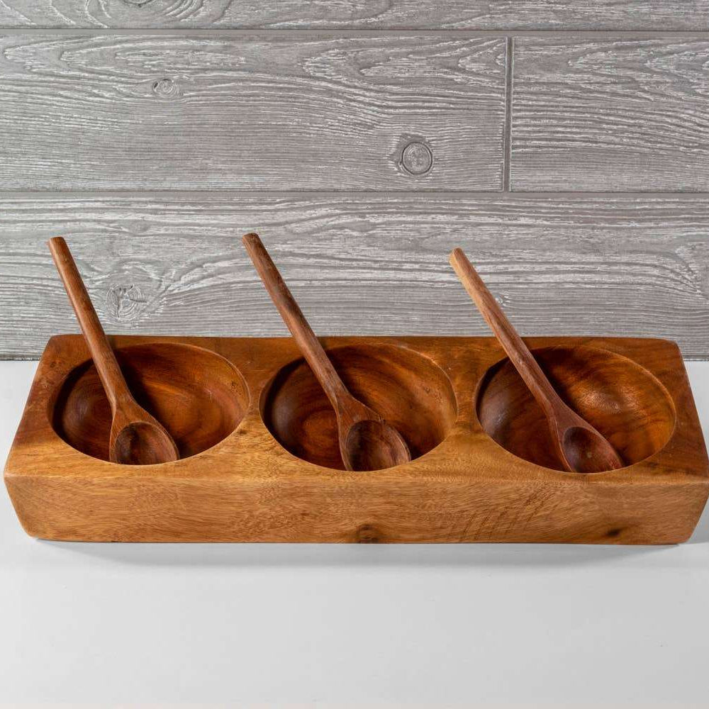 Guamuchil Wood 3-Section Salsa Dish | Sudha’s Emporium Gourmet, Gifts & Décor | Corning, NY