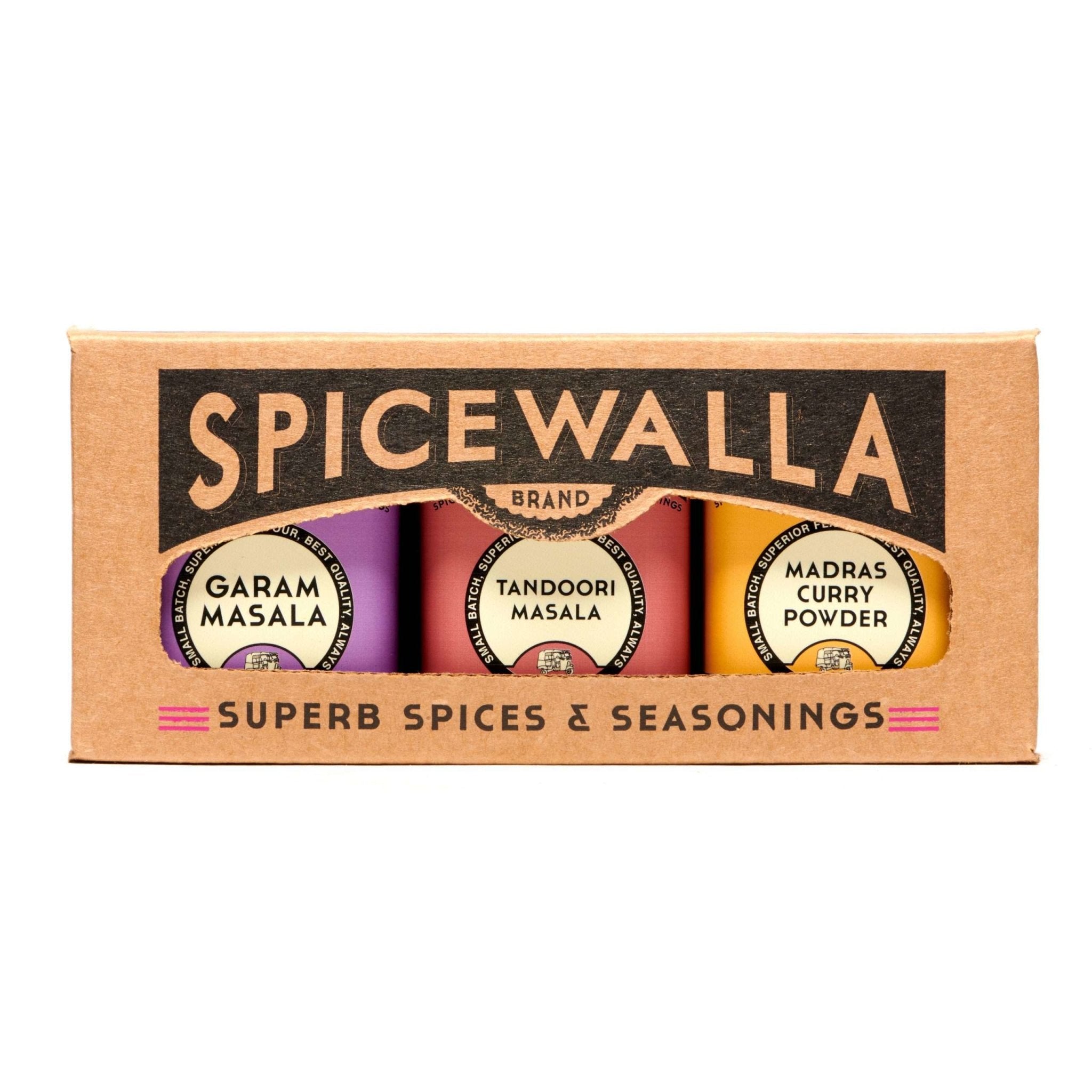 The Masala collection from Spicewalla contains 3 spices: Garam Masala, Tandoori Masala and Madras Curry Powder in small tins.