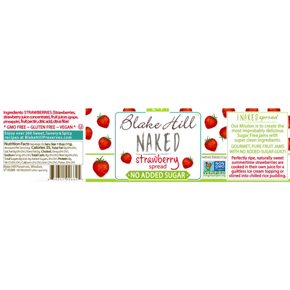 Nutrition facts and ingredients for Blake Hill Preserves Naked Strawberry Spread jam.