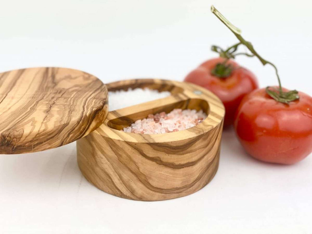 Olive Wood Double Salt Cellar | Sudha’s Emporium Gourmet, Gifts & Décor | Corning, NY