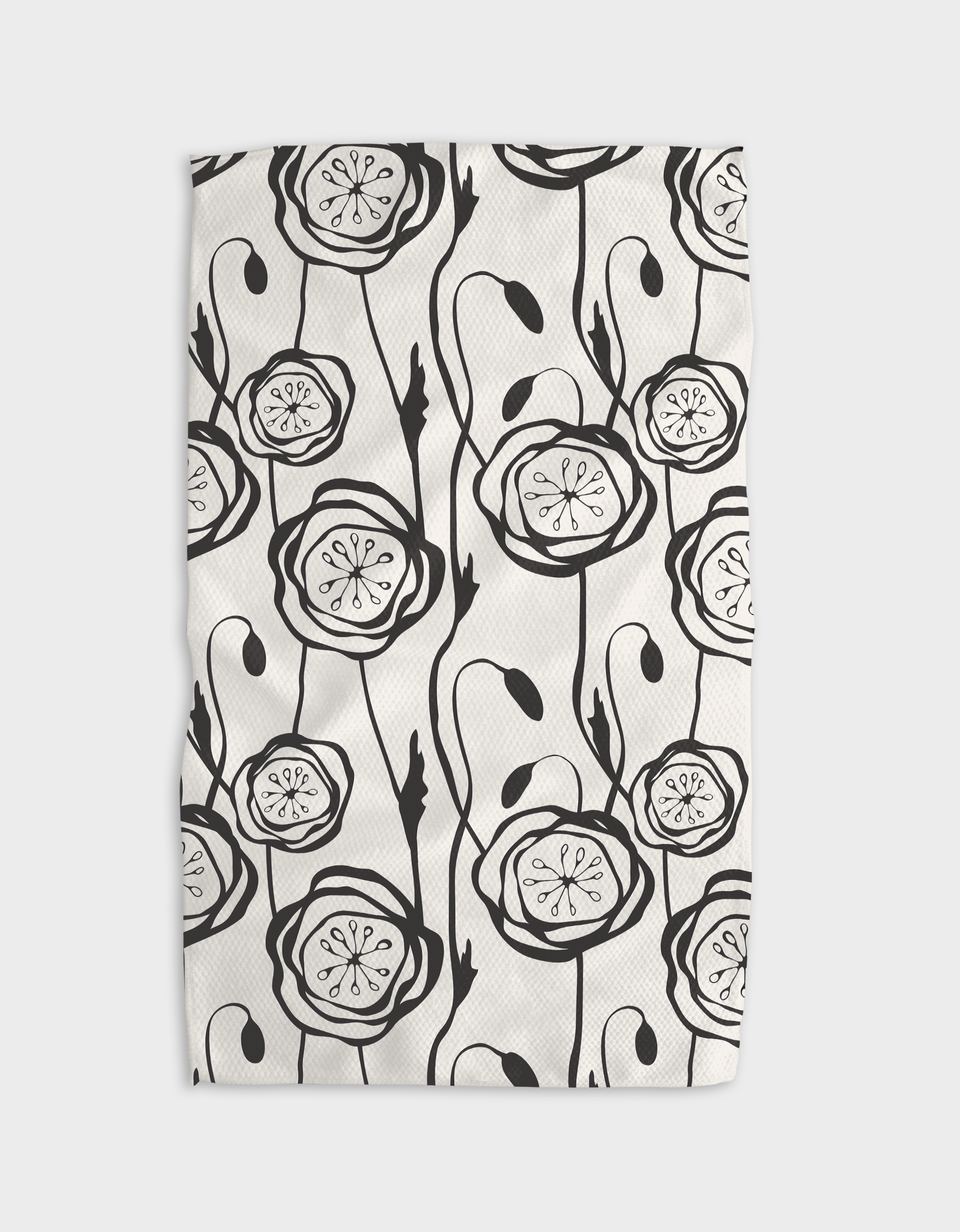 Smell the Flowers Kitchen Tea Towel by Geometry. Tea Towel has a black flowers on a white background.