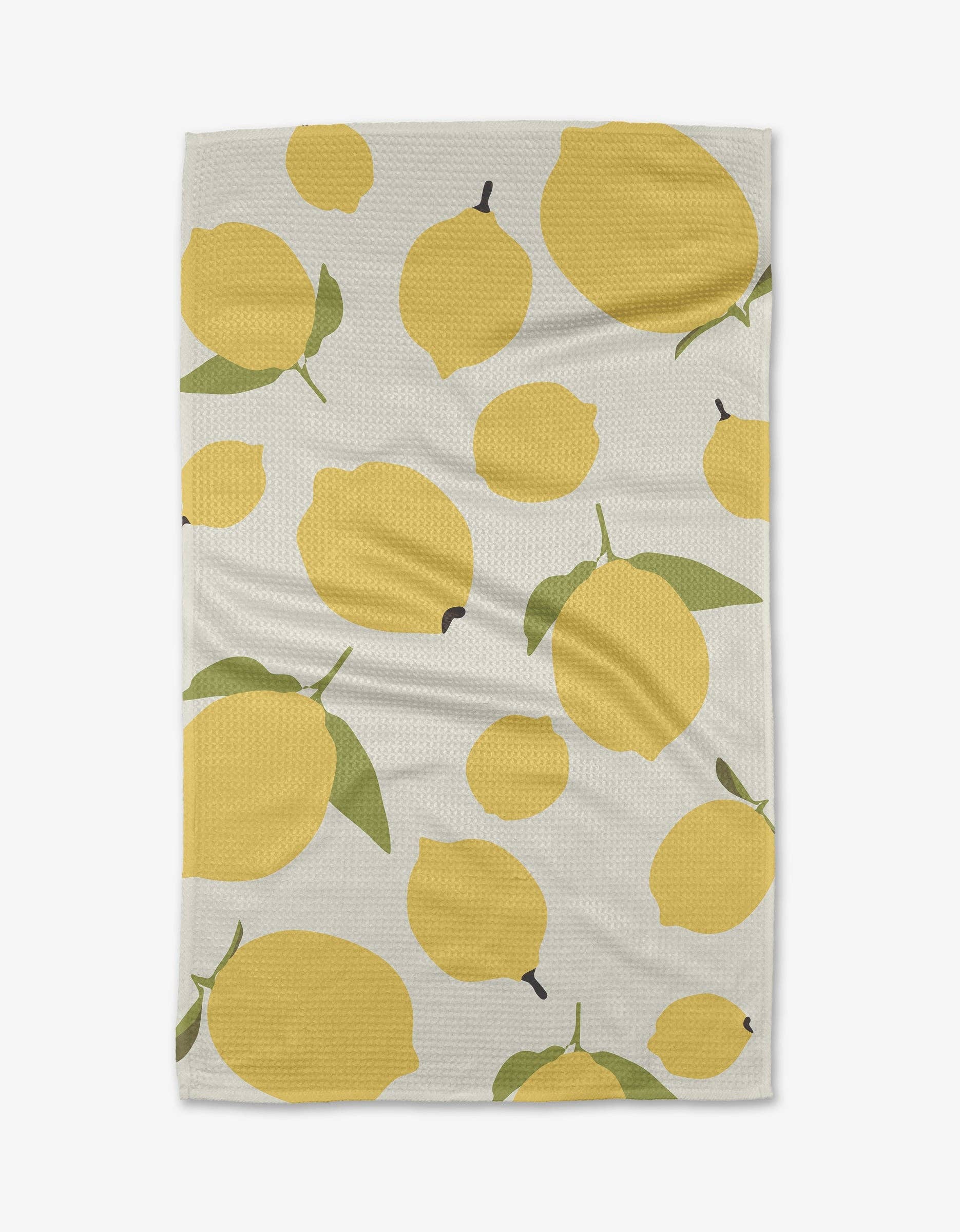 Sunny Lemons Tea Towel by Geometry. Tea Towel has lemons on a white background.